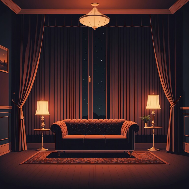 This track evokes a late night torch lounge, draped in heavy velvet curtains, where a single piano plays amidst indistinguishable whispers. The music paints a mysterious and slightly eerie ambiance as shadows dance faintly in dimly lit corners. A perfect backdrop for an introspective night or a scene of delicate tension in a noir film.