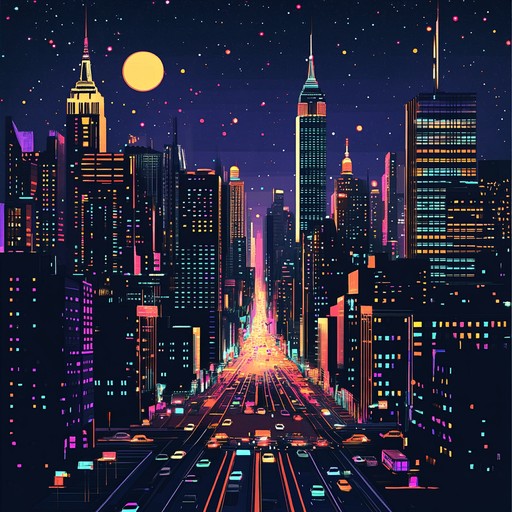 An instrumental synthpop track featuring lively synthesizer leads, driving basslines, and upbeat electronic rhythms that evoke the excitement of a bustling city after dark.