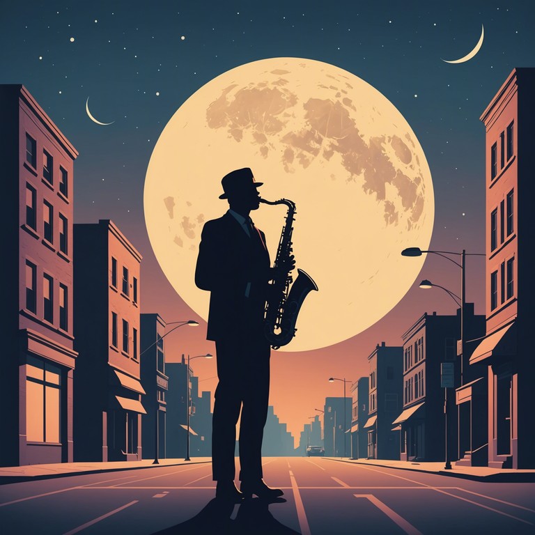 A single saxophonist plays under the moonlight, the soft latin rhythms painting a soundscape of introspective solitude in an urban setting.