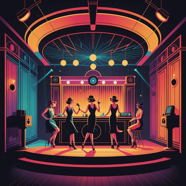 Imagine a vintage speakeasy with flappers dancing to a dj's beats under shimmering lights, where old meets new in a celebration of dance and rhythm.