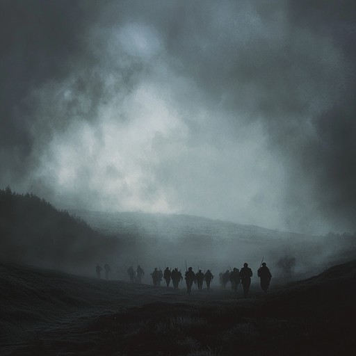 An unsettling instrumental piece capturing the haunting march of phantom soldiers across a barren, mist covered battlefield, blending military percussion with eerie atmospheric sounds to evoke a sense of lingering dread and forgotten wars.