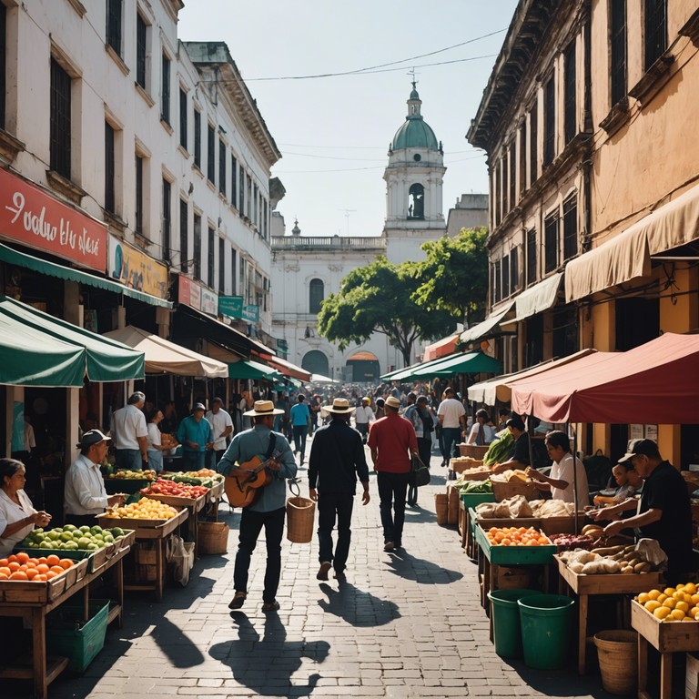 This composition features lively trumpet melodies that paint a picture of early morning festivities in a bustling latin american city. The soundscape is filled with the laughter and chatter of the crowd, dancing to the rhythm of life under the warm morning sun.