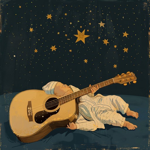 A heartwarming acoustic guitar gently strums a soothing lullaby, perfect for serenading little ones to sleep. The delicate melodies create a serene and comforting bedtime atmosphere, bathed in the soft glow of moonlight.