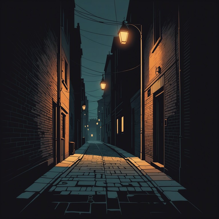 A nocturnal journey through a city shrouded in mystery and suspense, characterized by a subtle yet powerful guitar undercurrent that builds the atmosphere of lurking shadows in urban alleys. The scene is set in a dimly lit cityscape where every sound amplifies the tension.