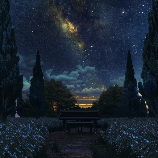 Envision a serene night, filled with starry skies and calming breezes, encapsulated in a gentle serenade for piano. The composition evokes the stillness of the night, inviting peaceful reflection and quietude, each note a delicate brushstroke painting the nocturnal beauty.