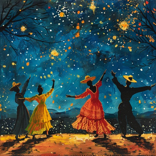 A lively and upbeat cumbia composition featuring a traditional ensemble. The infectious rhythms and melodic accordion lines bring to life the vibrancy of a festive night celebration under the stars, making it impossible not to dance along.