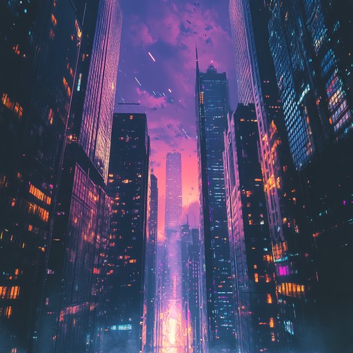 An instrumental epic electro track that blends soaring synth melodies with powerful electronic beats, evoking the grandeur of towering neon skyscrapers in a futuristic metropolis.