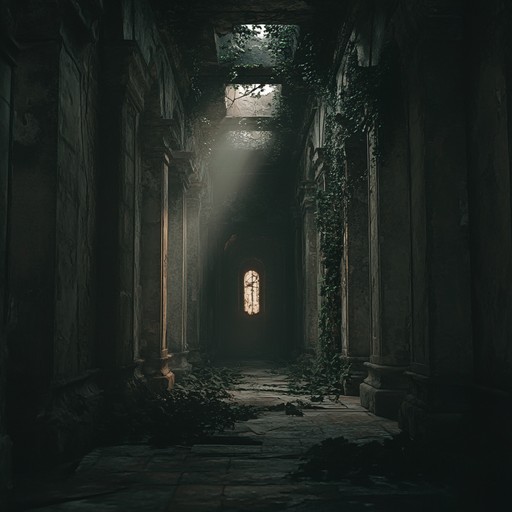 A haunting composition that captures the ethereal sounds of a forgotten ancient world, where the gentle whispers of a wooden flute echo through vast, abandoned stone halls draped in moss and mystery.