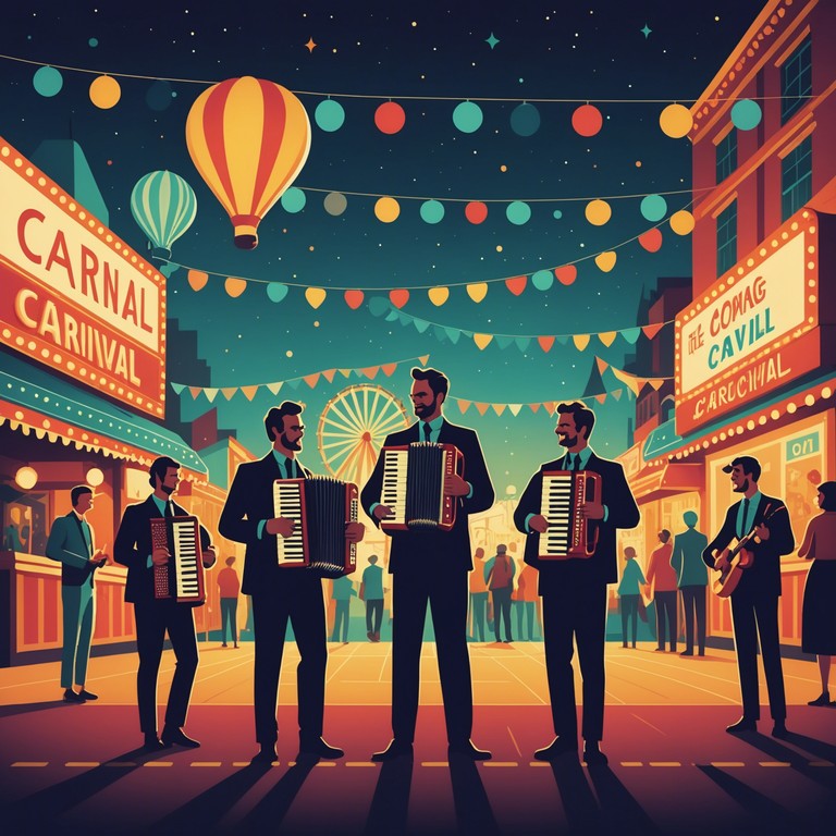 This instrumental track captures the essence of a tender, magical carnival night with its soft and playful sounds. The accordion plays a leading role, infusing the song with warmth and a touch of nostalgia as it weaves through a background of distant laughter and muted festival noises. This music piece suits scenes of serene, nighttime festivities, where the world seems to slow down and savor the moment.