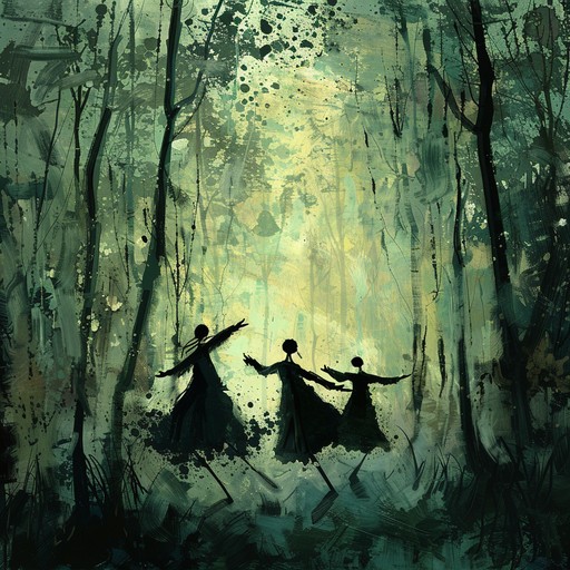 A hypnotic journey through a dark forest where phantasmal spirits cast eerie, spellbinding dances. Echoes of ancient rituals and mystical melodies weave through the dense, shadow laden woods, creating an atmosphere of dark enchantment and ethereal beauty.