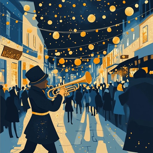 A lively instrumental jazz piece featuring energetic brass sections and swinging rhythms, capturing the excitement of a festive parade. The composition celebrates the joyous atmosphere of a community coming together in merriment. It paints a musical picture of dancing and revelry in the streets.