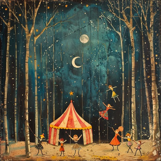 A whimsical cabaret piece with a playful circus twist, featuring a lively waltz rhythm and enchanting melodies that evoke images of a moonlit carnival. Ideal for capturing the joyful and mischievous spirit of a late night circus show.