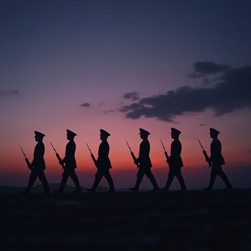 A nuanced blend of military precision and elegant orchestration, marches through twilight with refined melodies and soft percussion, evoking honor and grace. Picture a battalion adorned in ceremonial attire, parading under the setting sun.