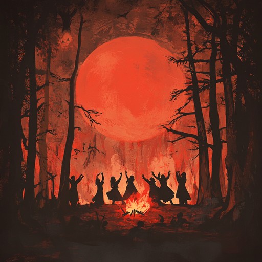 This composition blends haunting folk melodies with intense percussive rhythms, evoking the primal energy of ancient woodland rituals under a blood red moon.