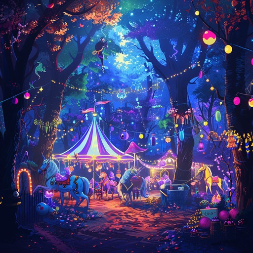 This piece combines playful melodies with whimsical rhythms to transport listeners to a magical, vibrant forest setting where fantastical creatures host a never ending carnival. The bouncy melodies are intertwined with unexpected sounds, creating a delightful auditory experience that evokes joy and wonder.