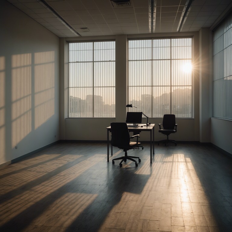 Through a blend of soft piano and subtle synth undertones, this track paints a picture of deserted office spaces at dawn, highlighting the solitude and introspective moments before the daily rush. The music moves through phases of soft melody to slightly more intense moments, evoking deep reflections on the corporate life's cyclical nature.