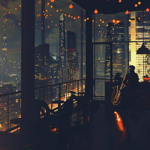 Picture a trendy city lounge radiating modern sophistication and style. The instrumental tune harmoniously blends smooth jazz saxophone melodies with sleek electronic beats, creating an effortlessly chic ambiance perfect for an evening rendezvous.