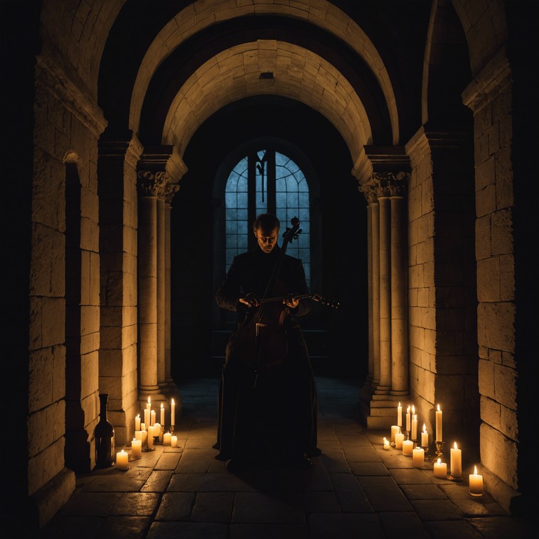 Imagine an ancient crypt where the past plays its mournful song on a lone cello, surrounded by the palpable breath of darkness; a piece that merges time and memory into a somber melody.