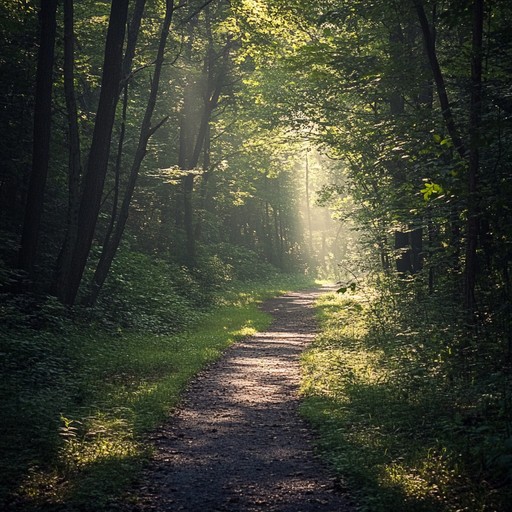 This instrumental piece captures the serene yet thrilling experience of a forest stroll on a sunny morning. Soft piano melodies dance with gentle breeze sounds and occasional bird chirps, creating a harmonious blend of calm and excitement. The music ebbs and flows, mirroring the natural beauty and the unexpected discoveries along the trail