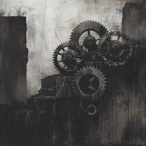 A spine chilling darkwave composition incorporating harsh industrial tones and erratic mechanical rhythms, wrapped in an atmosphere of chaos and suspense. The irregular beats and dark synths create a world of shadows and dystopian nightmares.