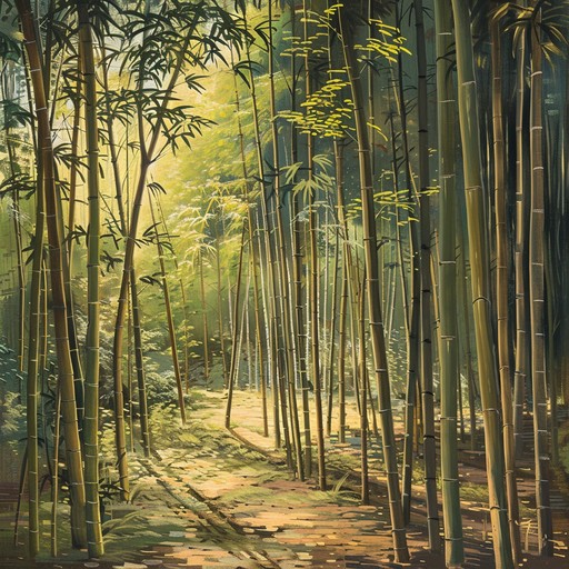 Take a calm walk through a picturesque bamboo grove, where softened sunlight and the sounds of nature complement the tender acoustic guitar melodies, evoking a sense of soothing tranquility and relaxation.