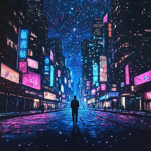 An instrumental synthwave track that evokes feelings of solitude and nostalgia, painting a sonic picture of wandering alone through futuristic neon lit streets under the starry night sky