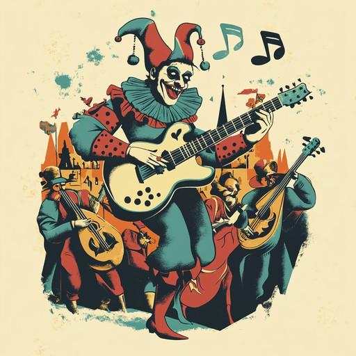 Imagine a high energy metal track seasoned with medieval dance tunes. A jester prances around, inspiring joyful chaos with electric guitar riffs and traditional lute and flute inserts. Starting with a vigorous guitar sequence, medieval instruments layer in, creating an upbeat, playful atmosphere. Perfect for lively medieval or fantasy settings demanding energetic metal.