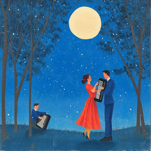 Imagine a starry summer night with a gentle breeze, where couples dance intimately under the moonlight. This polka piece embraces the whimsical and magical nature of such moments, with lighthearted accordion melodies intertwining gracefully with soft background harmonies. The overall feel is both tender and playful, capturing the essence of romantic nostalgia.