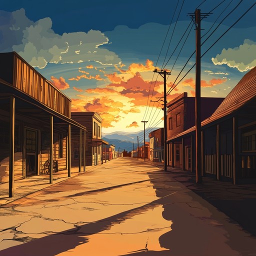 An instrumental piece blending traditional western sounds with eerie atmospheric elements, capturing the haunting solitude of a ghost town at sundown.