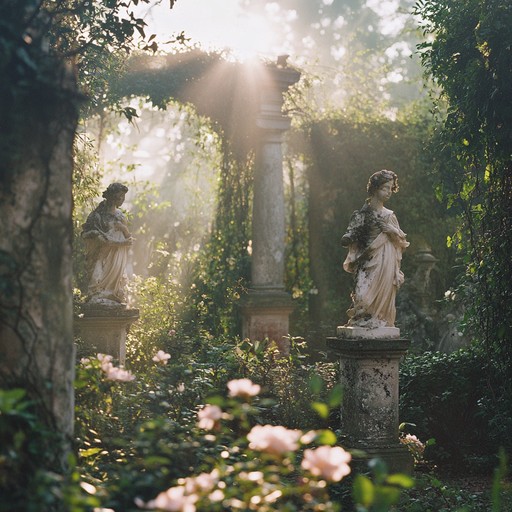 This instrumental piece immerses listeners in an enchanting, dreamy baroque garden with gentle harpsichord melodies intertwining with the lush ambiance of a forgotten era, capturing the essence of rococo splendor.