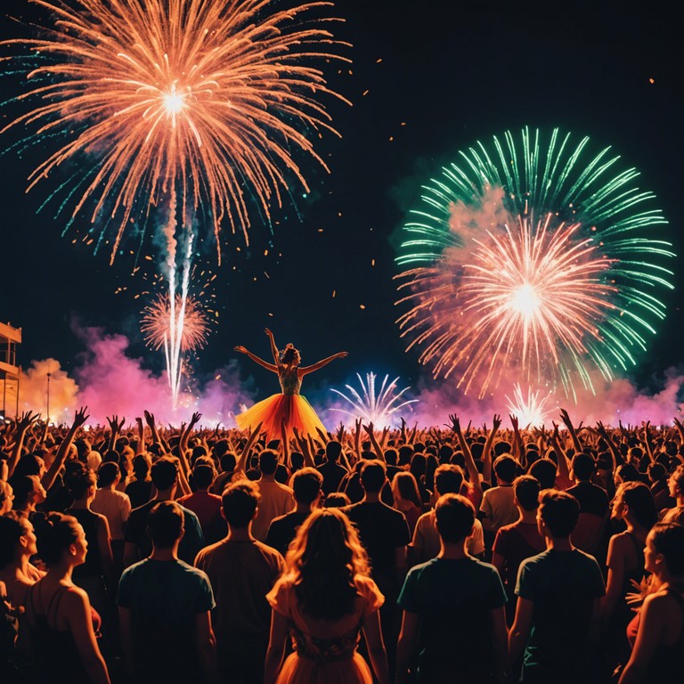 Imagine a scene where throngs of colorfully dressed people move rhythmically under starlit skies in a vibrant carnival setting. The music pulses with life, each beat infused with the energy of the night, driving dancers into a state of ecstatic motion. The soundtrack is dominated by powerful, lively rhythms that capture the essence of celebration.