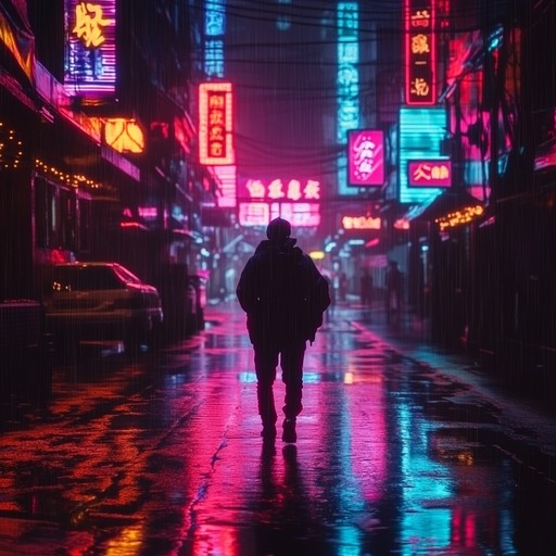 In a sprawling neon lit metropolis, emotive synthesizer tones convey the solitude of a lone cyborg wandering empty streets, reflecting on lost humanity amid the cold digital world