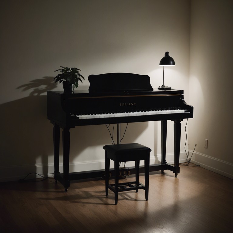 In a dimly lit bedroom, a single instrument crafts a poignant soundscape, expressing the solitude and introspective moments of late night pondering. The music swirls softly, enveloping the listener in a blanket of gentle, reflective melodies that echo the quietness of a solitary night.