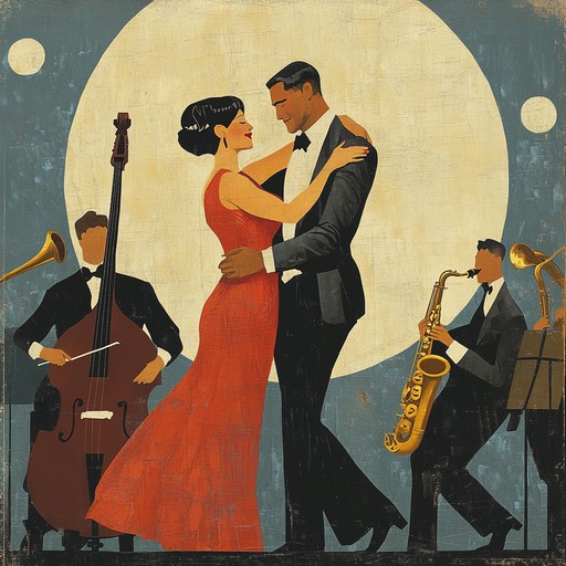 An enchanting swing arrangement featuring rich saxophone tones and rhythmic bass, transporting listeners to a nostalgic 1940s ballroom setting perfect for a sensual and romantic dance under the moonlight