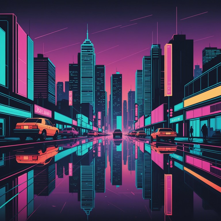 The track emphasizes the synesthetic experience of a cyberpunk reality through electronic beats that personify the pulsating heart of the city, surrounded by the aesthetic of flickering neon lights under a dark cybernetic sky.