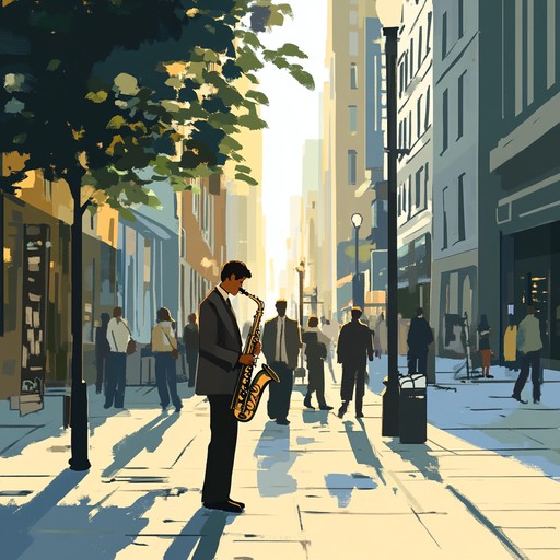 A lively instrumental track combining smooth jazz melodies with upbeat house beats, creating a carefree atmosphere reminiscent of strolling through sunlit city streets. The music features soulful saxophone riffs over a groovy bassline, encouraging listeners to relax and enjoy the moment.