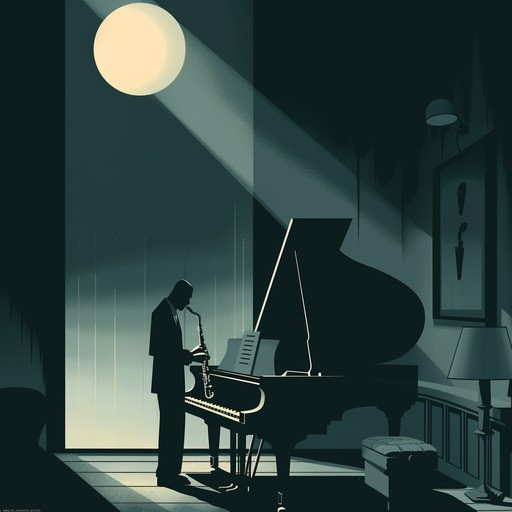 Imagine a smooth, flowing jazz piece that captures the essence of a late-night stroll through a bustling city lit by moonlight. The music intertwines the sounds of urban life with a romantic feeling, suggesting the interplay of shadow and light, mystery, and allure.