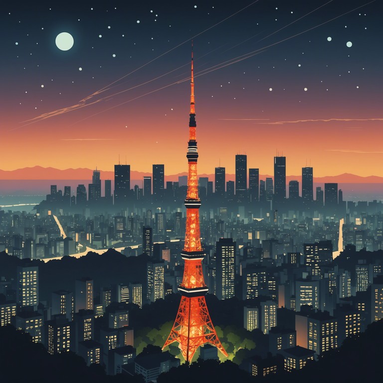 Imagine the soft echoes of a koto playing a mystical, uplifting melody, blending seamlessly with the digital rhythms of modern j pop, echoing through a neon lit shibuya under a star filled sky.