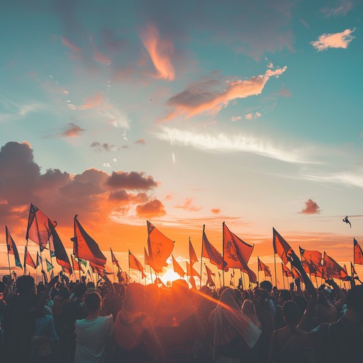 An evocative patriotic orchestral composition using brass and strings to convey a powerful sentiment of unity and national pride, inspiring listeners with its anthemic and grandiose tones.