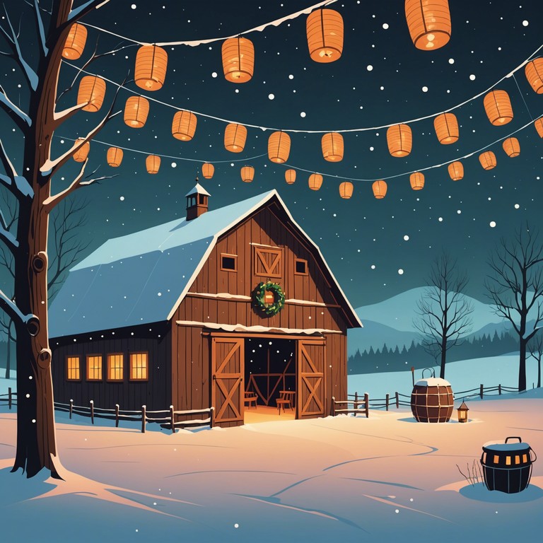 Imagine cowboys and their families gathering for a grand christmas celebration, dancing to a melody that combines traditional western tunes with the joy of festive merriment. The banjo's twangs are accompanied by the thumping of boots and claps, under a starry winter sky