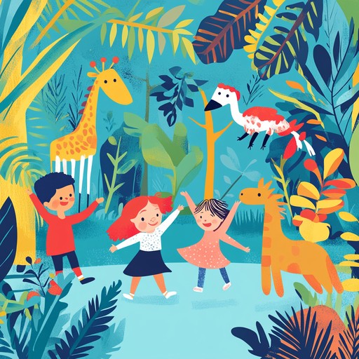 An instrumental piece featuring cheerful melodies and lively rhythms inspired by jungle animals, perfect for getting kids to dance and move energetically