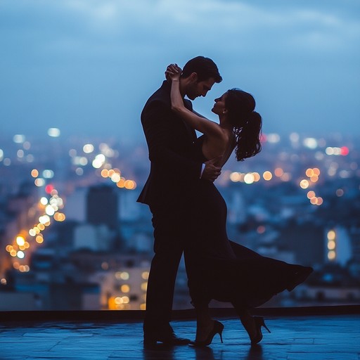 An energetic, fast paced tango that captures the essence of a lively dance on a bustling urban rooftop at dusk, with the sounds of city life subtly mixed in.