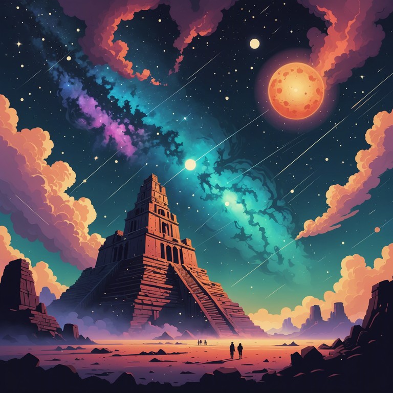 This track radiates a time traversing aura, combining ancient melodic structures with futuristic synths, designed to evoke the sensation of traveling through both time and space amidst eternal cosmic rhythms.