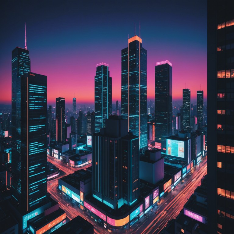 An instrumental track that captures the vibrant energy of a bustling city at night, with pulsing beats and a dreamy melody that intertwines with the sound of a futuristic cityscape. Perfect for conveying the feeling of wide eyed wonder amidst neon lights.