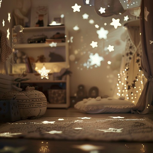 This track aims to encapsulate the essence of tranquility and serenity, using gentle melodies to lull children into a peaceful slumber. The music will feature a sweet, soft harp playing lullabies under the imaginary glow of a starlit sky, perfect for bedtime or quiet playtime.