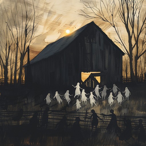 Picture a rural barn illuminated only by moonlight, shadows flickering with each gust of wind. The music blends traditional bluegrass with haunting dissonance, featuring plaintive banjo and ghostly fiddle, crafting an unnerving soundscape.