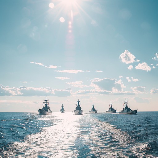 A vibrant and energetic musical piece celebrating the adventurous spirit and grandeur of the russian navy's historical voyages. Bright brass flourishes and rhythmic percussion paint a vivid picture of optimism and camaraderie on the high seas.