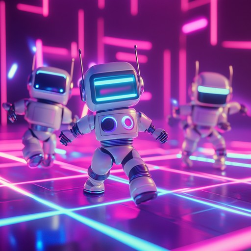 A lively and playful instrumental edm track featuring robotic synth melodies and groovy beats, creating an energetic and fun atmosphere perfect for parties and dancing.