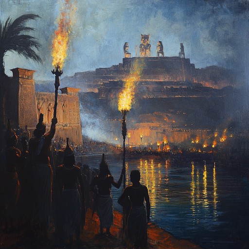 This composition captures the grandeur and mystical atmosphere of ancient egypt during its golden age, with a focus on melodic phrases that evoke visions of pharaohs and deities celebrating under a blanket of stars. The music is designed to transport the listener back in time to an evening of opulence and divine celebration.
