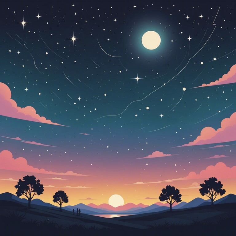 Imagine a track where soothing ambient sounds meet the sparkling essence of glam rock. Soft synth lines weave through shimmering guitar chimes, creating a peaceful yet glittering soundscape. This instrumental evolves gently, infusing the air with a dreamlike quality while maintaining a touch of classic glam rock glitter.